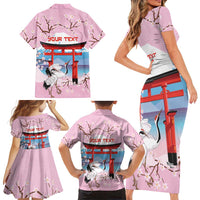 Japanese Torii Gate Cranes Personalised Family Matching Short Sleeve Bodycon Dress and Hawaiian Shirt Fuji Mount Sakura Seigaiha Pattern