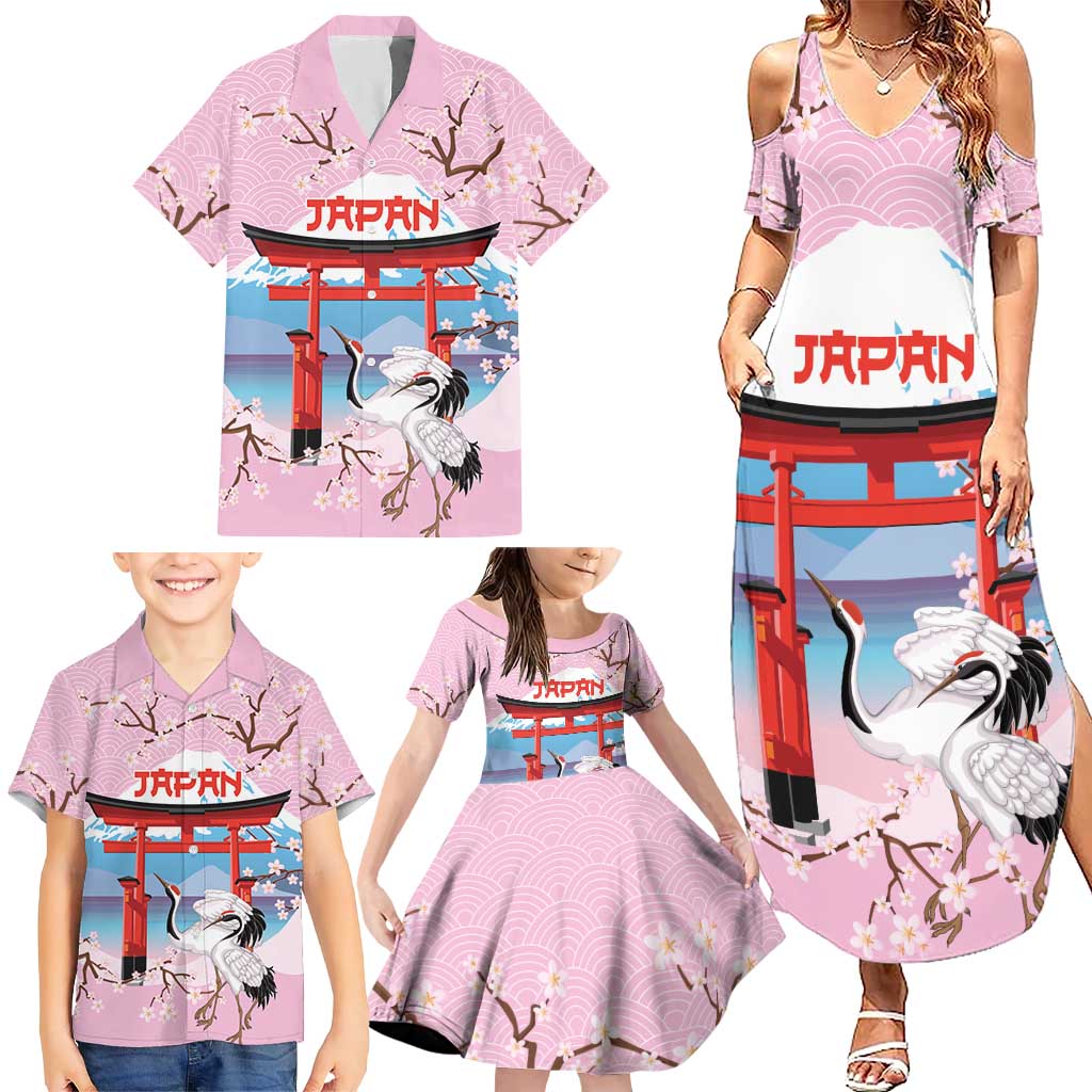 Japanese Torii Gate Cranes Personalised Family Matching Summer Maxi Dress and Hawaiian Shirt Fuji Mount Sakura Seigaiha Pattern LT14 - Polynesian Pride