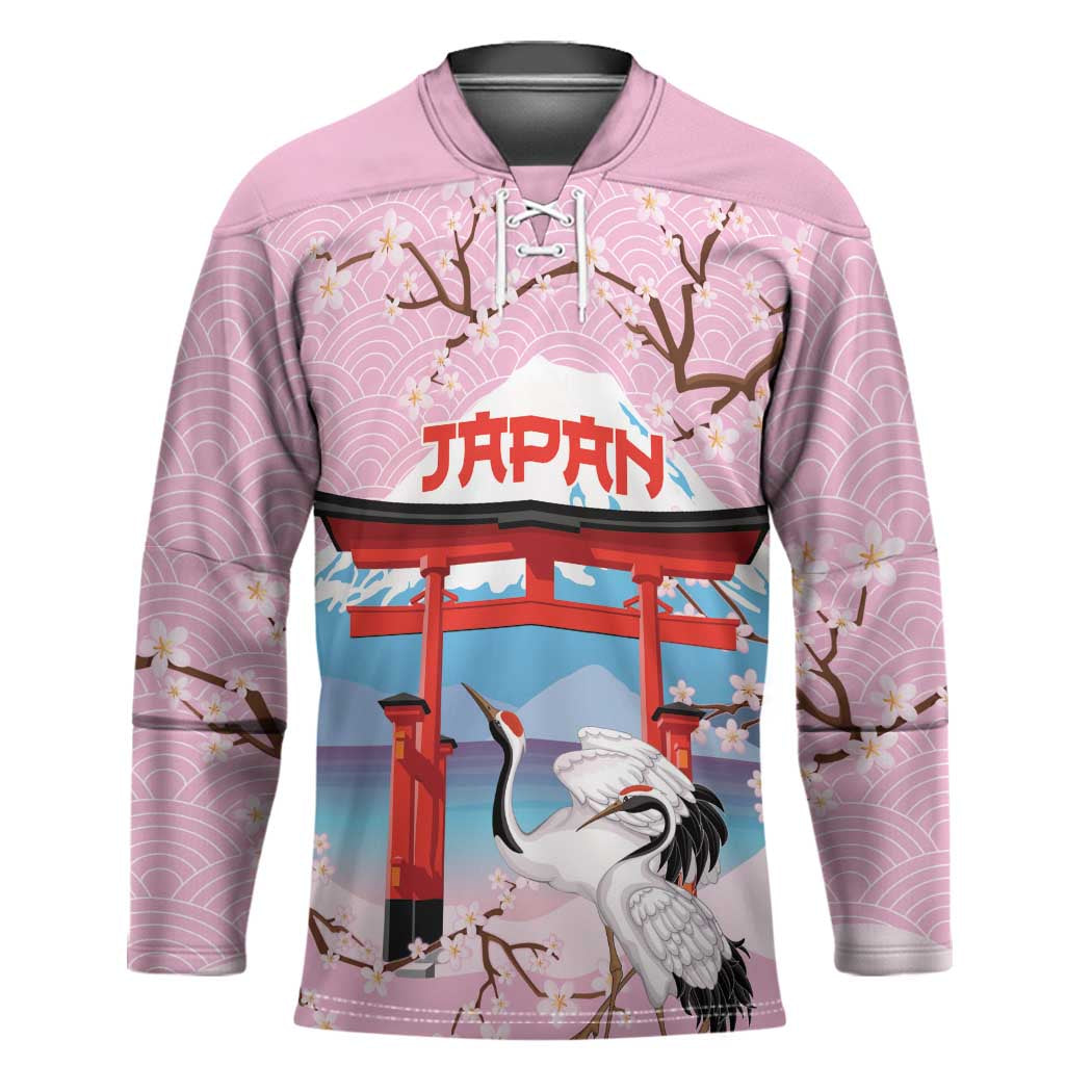 Japanese Torii Gate Cranes Personalised Hockey Jersey Fuji Mount Sakura Seigaiha Pattern