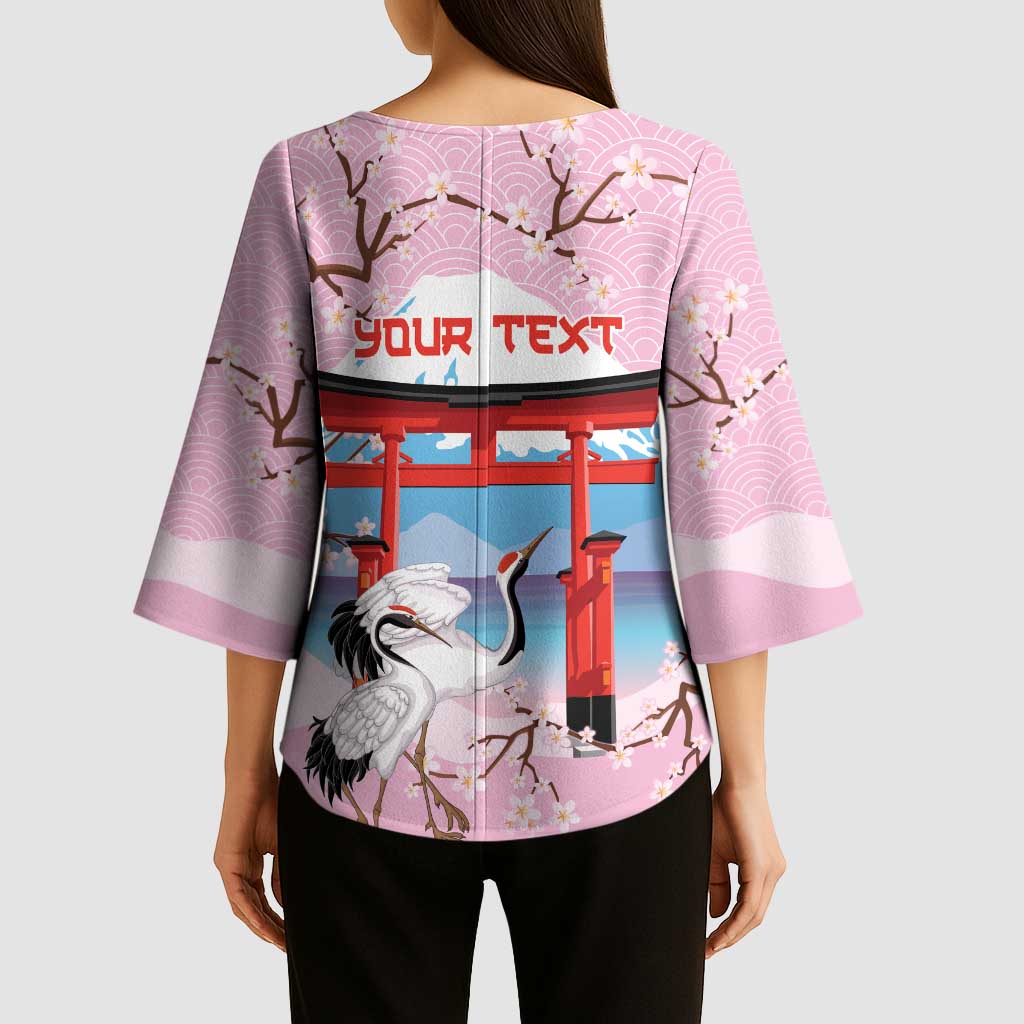 Japanese Torii Gate Cranes Personalised Kimono Sleeve Blouse Fuji Mount Sakura Seigaiha Pattern