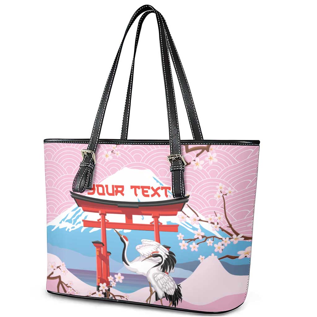 Japanese Torii Gate Cranes Personalised Leather Tote Bag Fuji Mount Sakura Seigaiha Pattern
