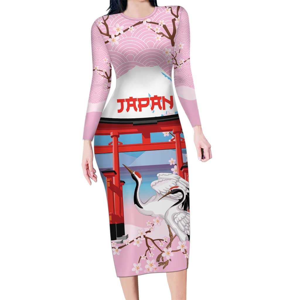 Japanese Torii Gate Cranes Personalised Long Sleeve Bodycon Dress Fuji Mount Sakura Seigaiha Pattern LT14 Long Dress Pink - Polynesian Pride