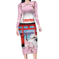 Japanese Torii Gate Cranes Personalised Long Sleeve Bodycon Dress Fuji Mount Sakura Seigaiha Pattern LT14 Long Dress Pink - Polynesian Pride
