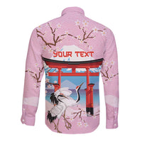 Japanese Torii Gate Cranes Personalised Long Sleeve Button Shirt Fuji Mount Sakura Seigaiha Pattern