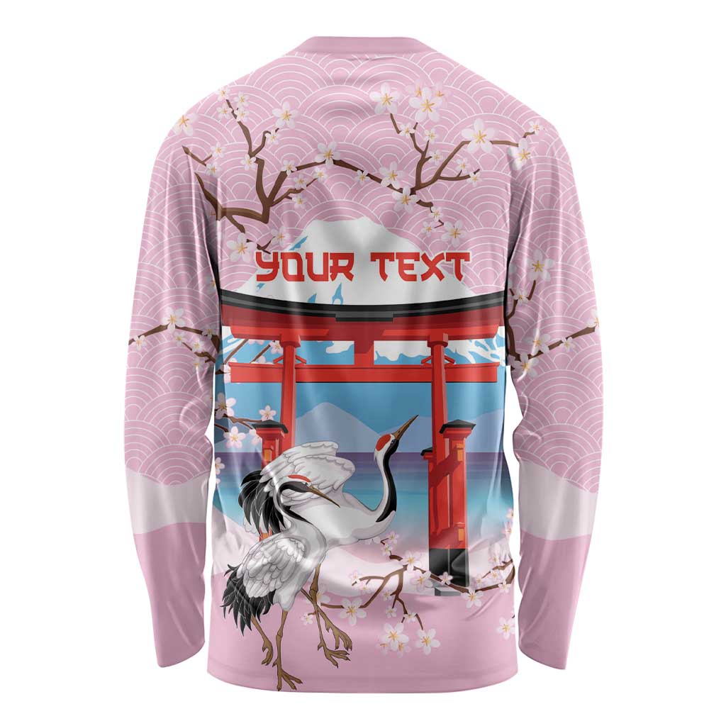 Japanese Torii Gate Cranes Personalised Long Sleeve Shirt Fuji Mount Sakura Seigaiha Pattern