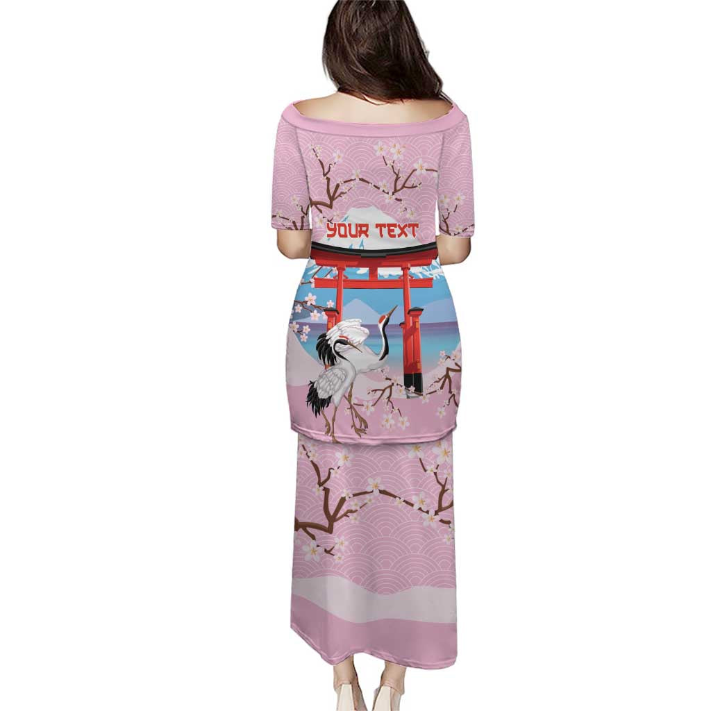 Japanese Torii Gate Cranes Personalised Puletasi Fuji Mount Sakura Seigaiha Pattern