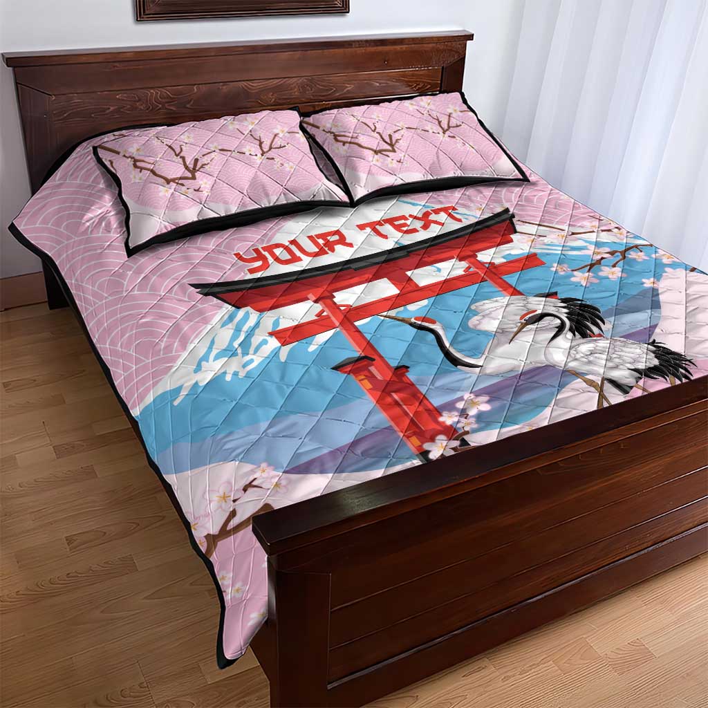 Japanese Torii Gate Cranes Personalised Quilt Bed Set Fuji Mount Sakura Seigaiha Pattern