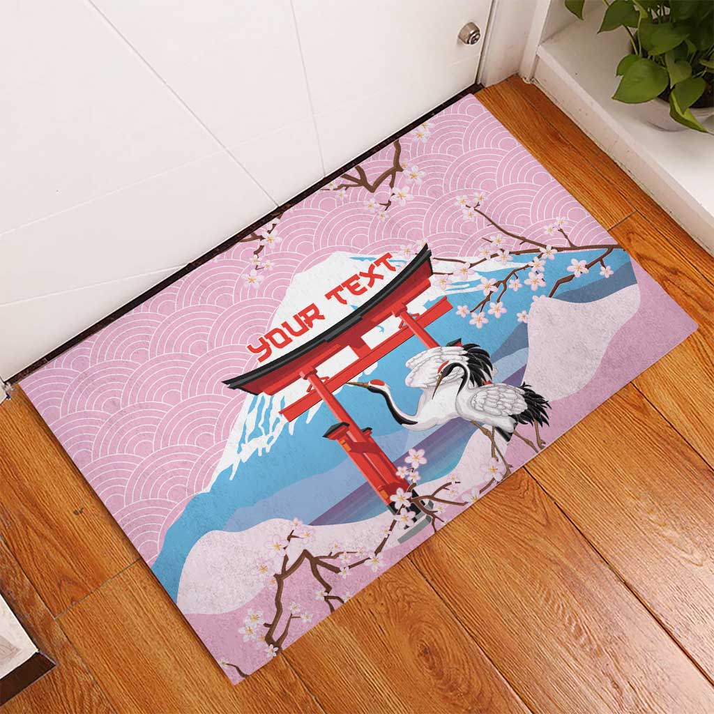 Japanese Torii Gate Cranes Personalised Rubber Doormat Fuji Mount Sakura Seigaiha Pattern