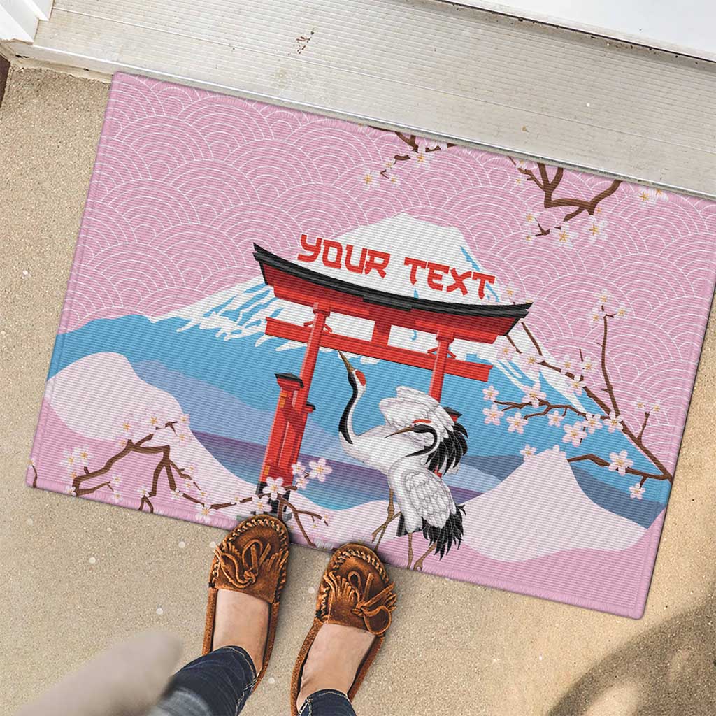 Japanese Torii Gate Cranes Personalised Rubber Doormat Fuji Mount Sakura Seigaiha Pattern