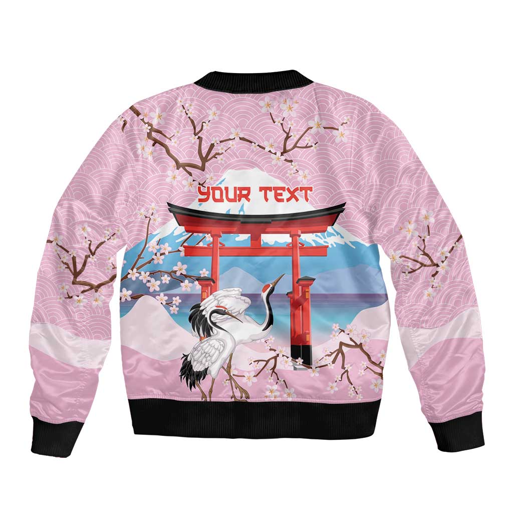 Japanese Torii Gate Cranes Personalised Sleeve Zip Bomber Jacket Fuji Mount Sakura Seigaiha Pattern