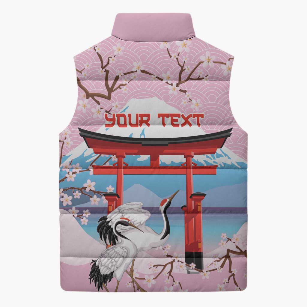 Japanese Torii Gate Cranes Personalised Sleeveless Puffer Jacket Fuji Mount Sakura Seigaiha Pattern