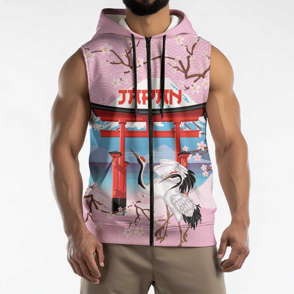 Japanese Torii Gate Cranes Personalised Sleeveless Zip Hoodie Fuji Mount Sakura Seigaiha Pattern