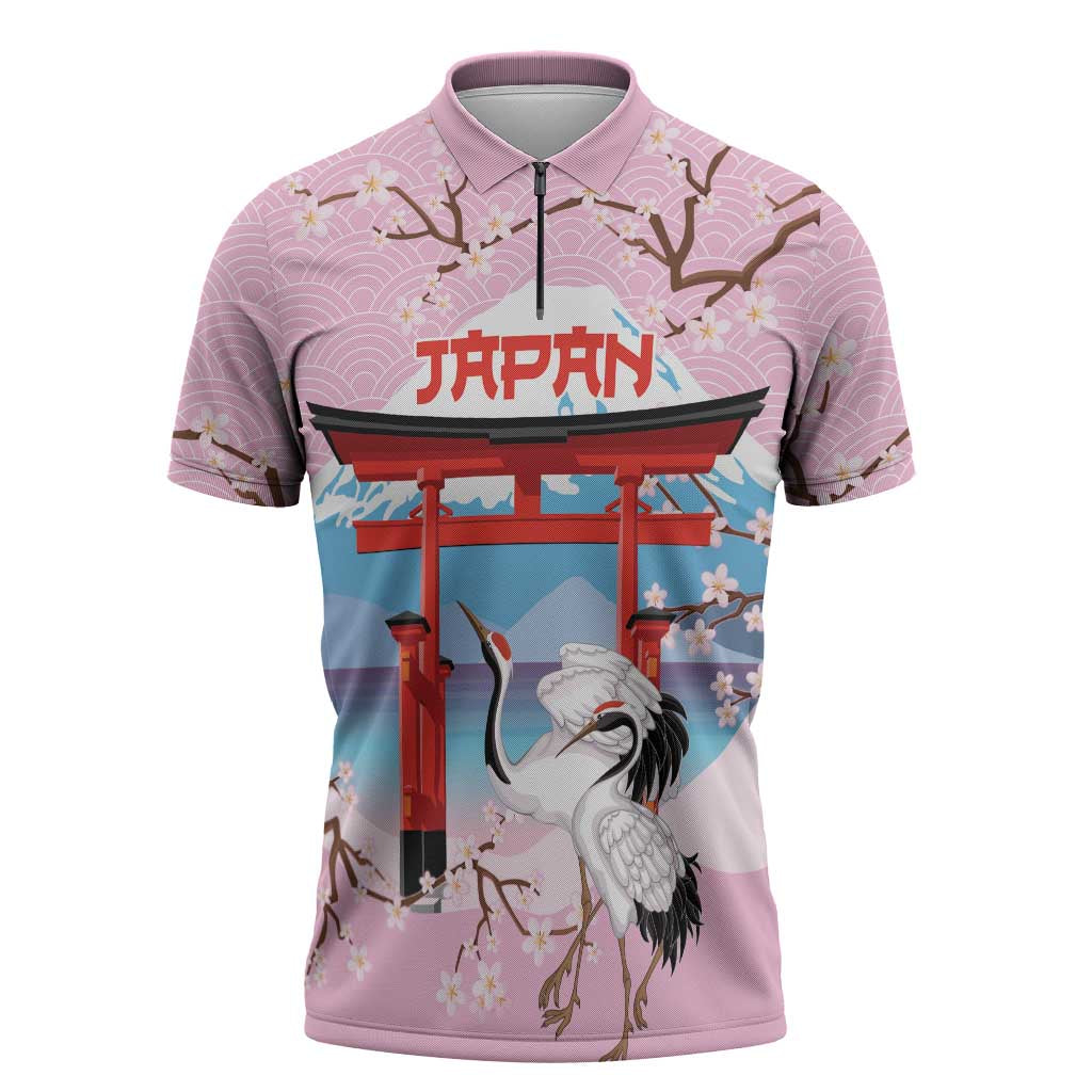Japanese Torii Gate Cranes Personalised Zipper Polo Shirt Fuji Mount Sakura Seigaiha Pattern