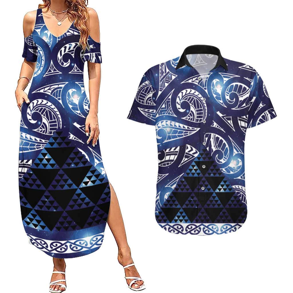 Matariki New Zealand Couples Matching Summer Maxi Dress and Hawaiian Shirt NZ Niho Taniwha Maori New Year Blue Galaxy