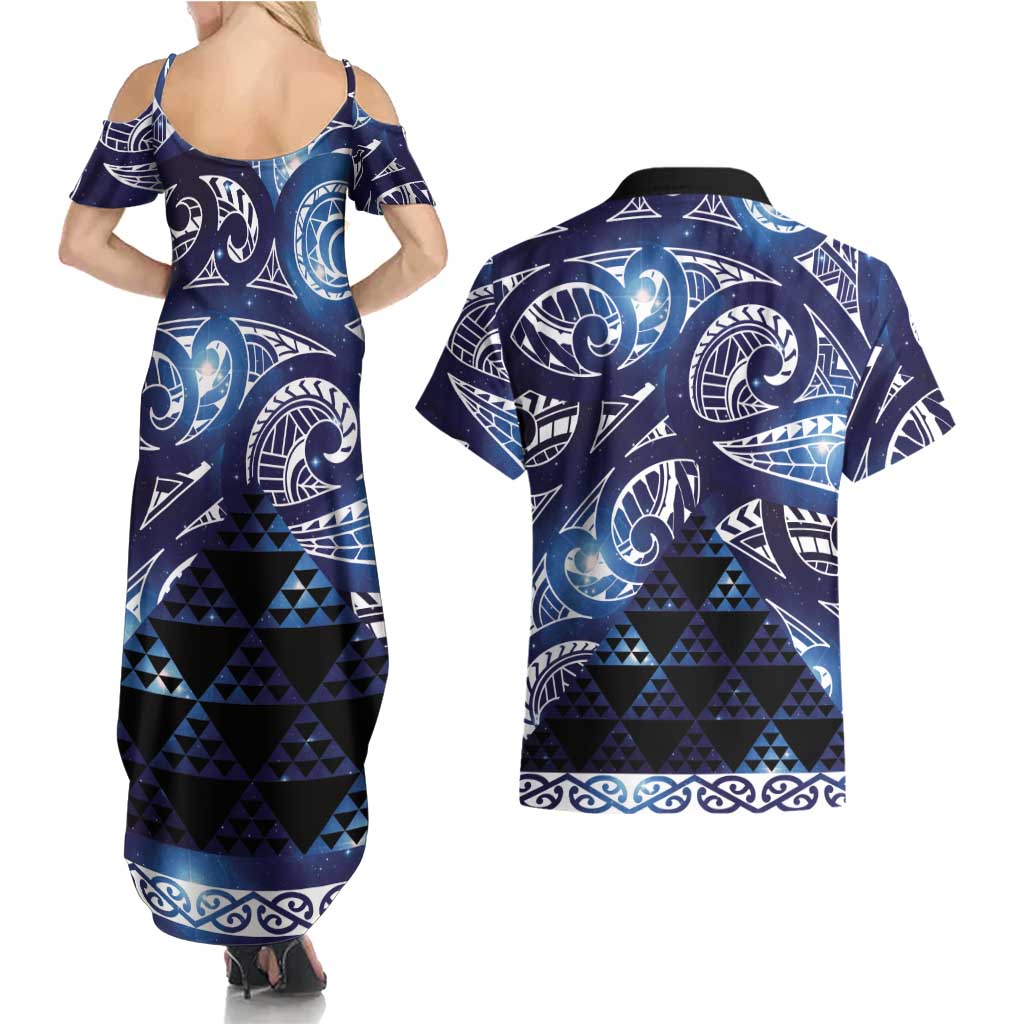 Matariki New Zealand Couples Matching Summer Maxi Dress and Hawaiian Shirt NZ Niho Taniwha Maori New Year Blue Galaxy