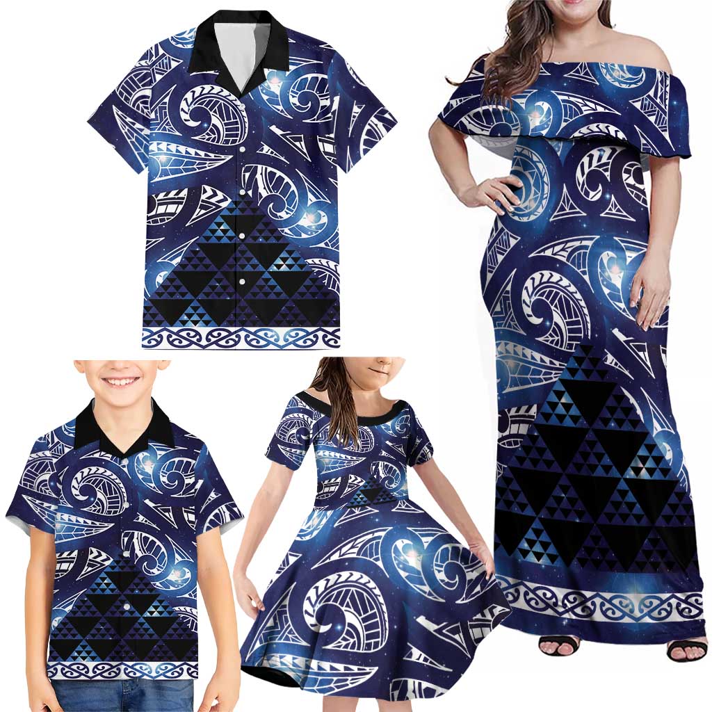 Matariki New Zealand Family Matching Off Shoulder Maxi Dress and Hawaiian Shirt NZ Niho Taniwha Maori New Year Blue Galaxy LT14 - Polynesian Pride