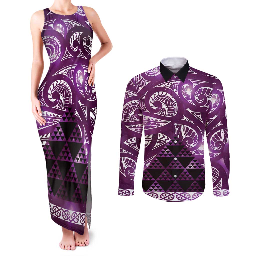 Matariki New Zealand Couples Matching Tank Maxi Dress and Long Sleeve Button Shirt NZ Niho Taniwha Maori New Year Purple Galaxy