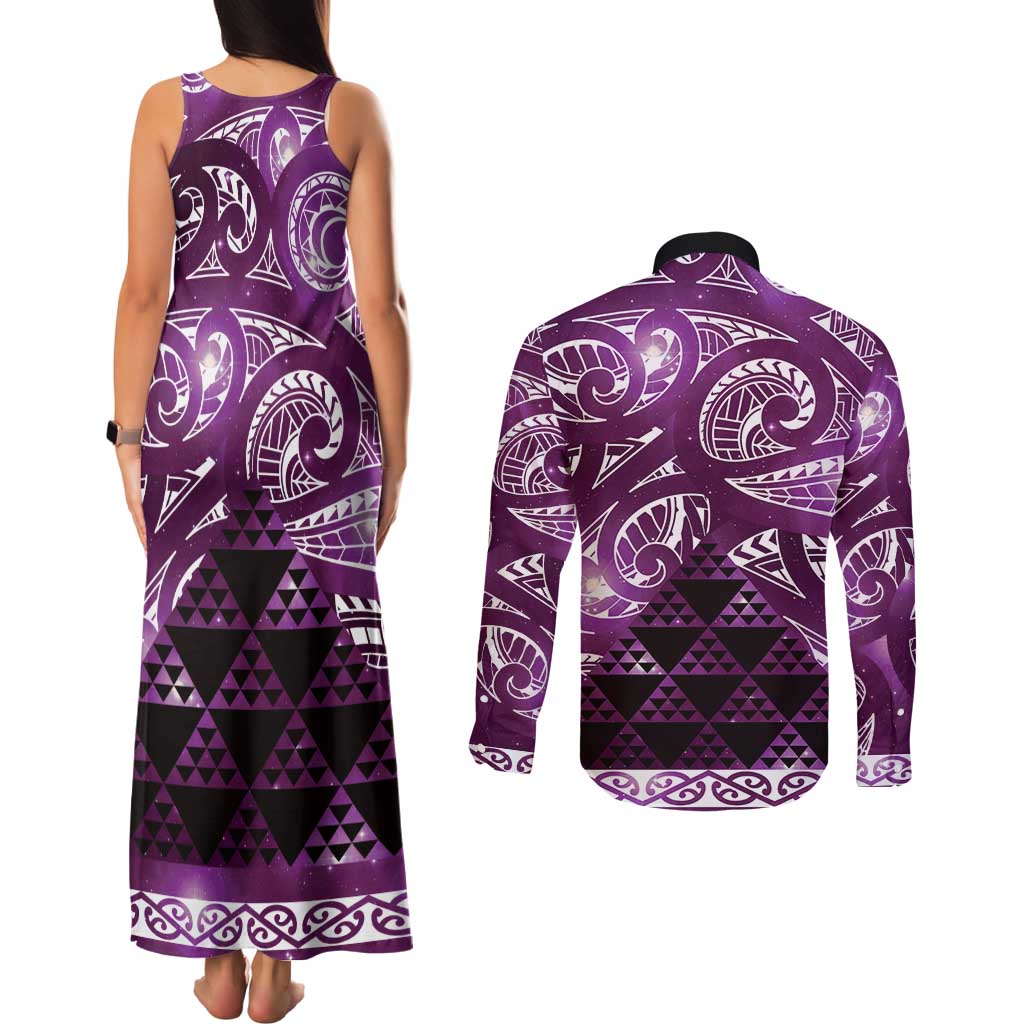 Matariki New Zealand Couples Matching Tank Maxi Dress and Long Sleeve Button Shirt NZ Niho Taniwha Maori New Year Purple Galaxy