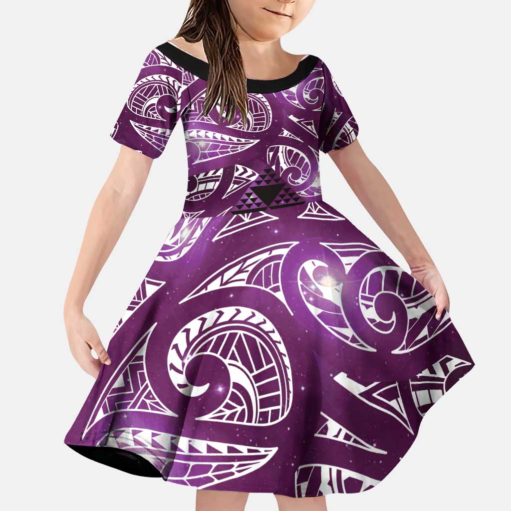 Matariki New Zealand Family Matching Long Sleeve Bodycon Dress and Hawaiian Shirt NZ Niho Taniwha Maori New Year Purple Galaxy LT14 Daughter's Dress Purple - Polynesian Pride
