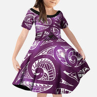 Matariki New Zealand Family Matching Long Sleeve Bodycon Dress and Hawaiian Shirt NZ Niho Taniwha Maori New Year Purple Galaxy LT14 Daughter's Dress Purple - Polynesian Pride