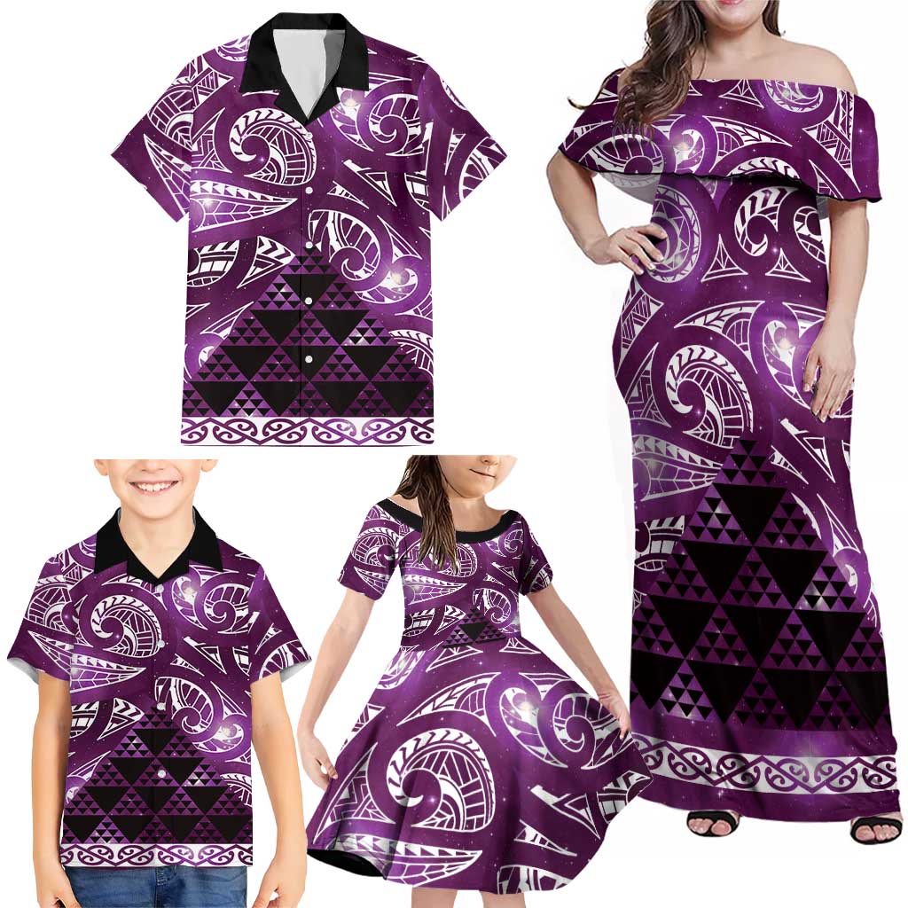 Matariki New Zealand Family Matching Off Shoulder Maxi Dress and Hawaiian Shirt NZ Niho Taniwha Maori New Year Purple Galaxy LT14 - Polynesian Pride