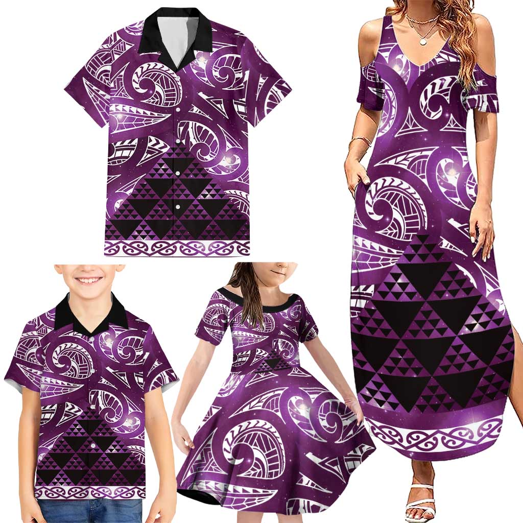 Matariki New Zealand Family Matching Summer Maxi Dress and Hawaiian Shirt NZ Niho Taniwha Maori New Year Purple Galaxy LT14 - Polynesian Pride