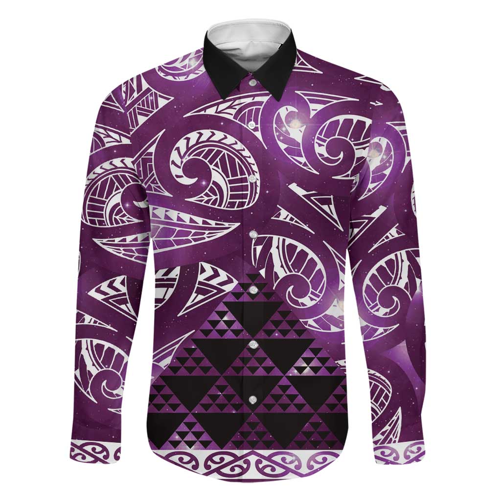 Matariki New Zealand Family Matching Tank Maxi Dress and Hawaiian Shirt NZ Niho Taniwha Maori New Year Purple Galaxy LT14 Dad's Shirt - Long Sleeve Purple - Polynesian Pride