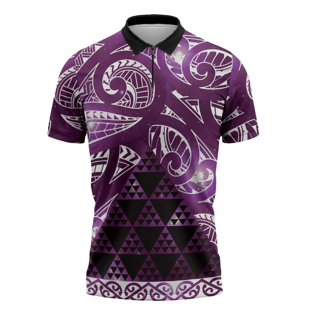 Matariki New Zealand Zipper Polo Shirt NZ Niho Taniwha Maori New Year Purple Galaxy
