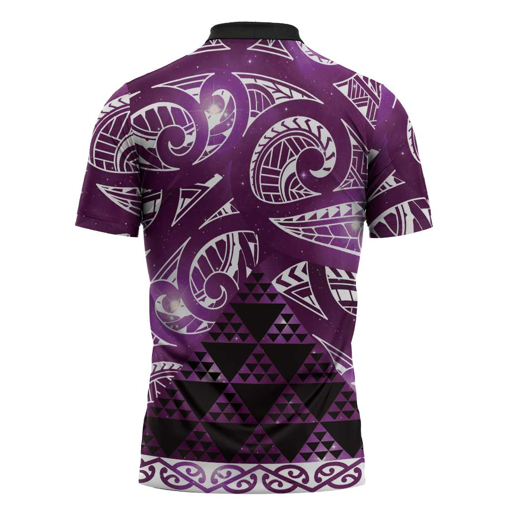Matariki New Zealand Zipper Polo Shirt NZ Niho Taniwha Maori New Year Purple Galaxy