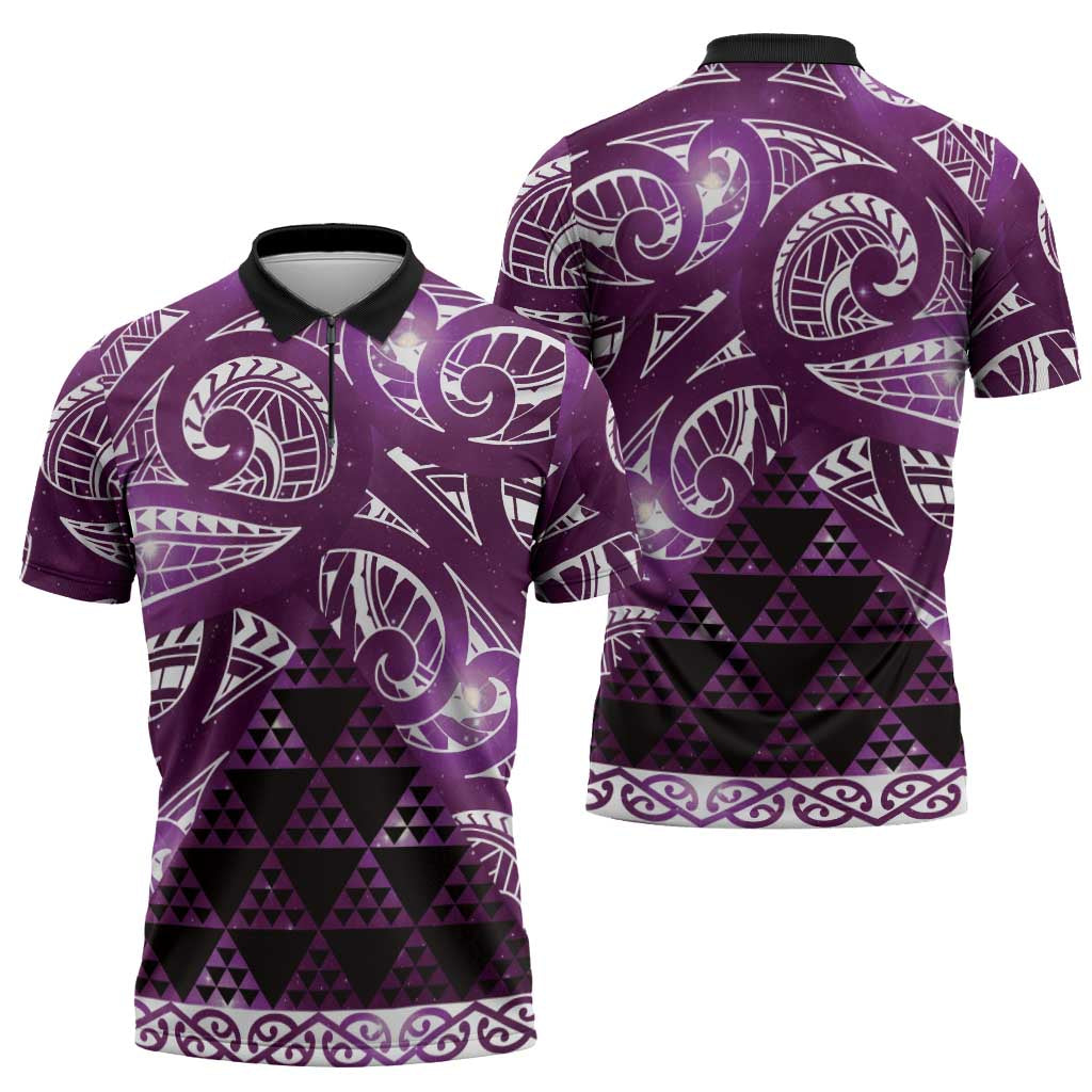 Matariki New Zealand Zipper Polo Shirt NZ Niho Taniwha Maori New Year Purple Galaxy
