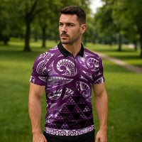 Matariki New Zealand Zipper Polo Shirt NZ Niho Taniwha Maori New Year Purple Galaxy