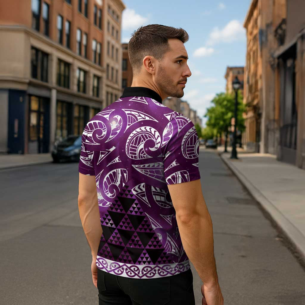 Matariki New Zealand Zipper Polo Shirt NZ Niho Taniwha Maori New Year Purple Galaxy