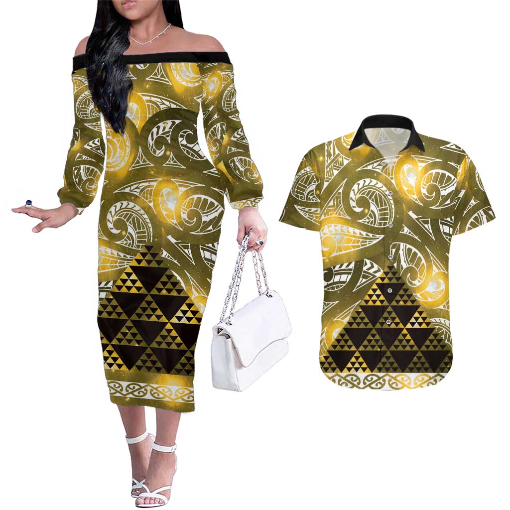 Matariki New Zealand Couples Matching Off The Shoulder Long Sleeve Dress and Hawaiian Shirt NZ Niho Taniwha Maori New Year Yellow Galaxy