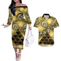 Matariki New Zealand Couples Matching Off The Shoulder Long Sleeve Dress and Hawaiian Shirt NZ Niho Taniwha Maori New Year Yellow Galaxy
