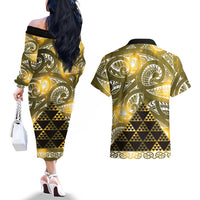 Matariki New Zealand Couples Matching Off The Shoulder Long Sleeve Dress and Hawaiian Shirt NZ Niho Taniwha Maori New Year Yellow Galaxy