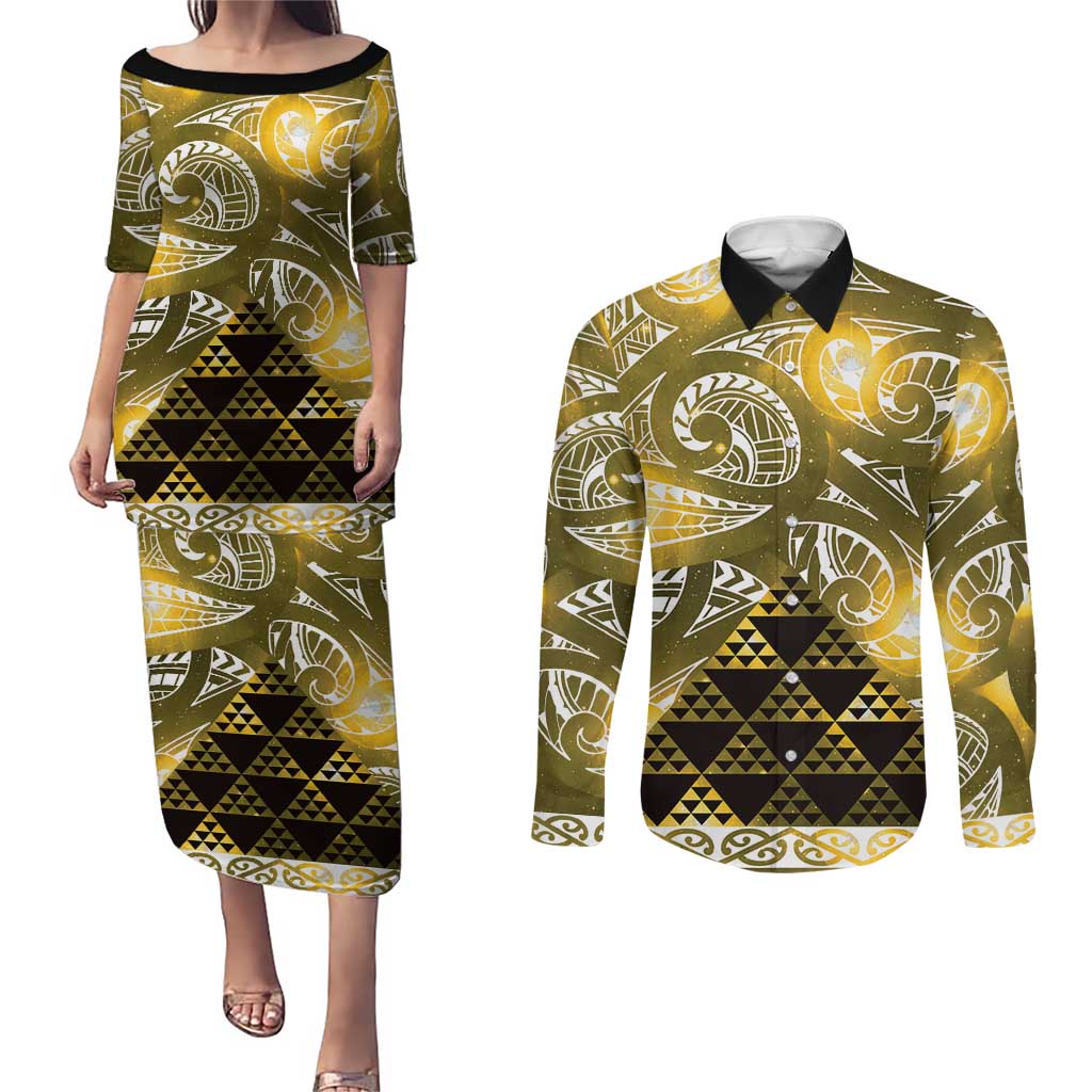 Matariki New Zealand Couples Matching Puletasi and Long Sleeve Button Shirt NZ Niho Taniwha Maori New Year Yellow Galaxy