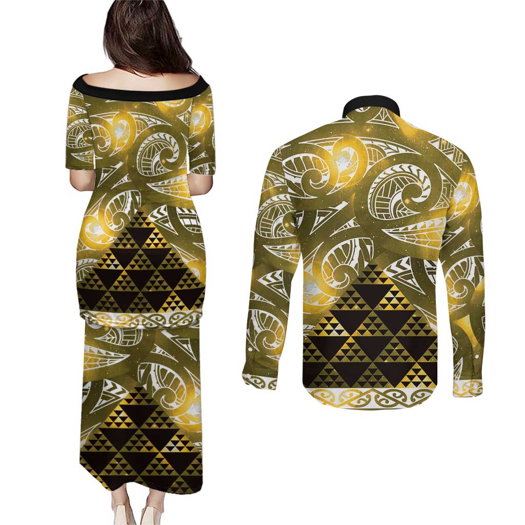 Matariki New Zealand Couples Matching Puletasi and Long Sleeve Button Shirt NZ Niho Taniwha Maori New Year Yellow Galaxy
