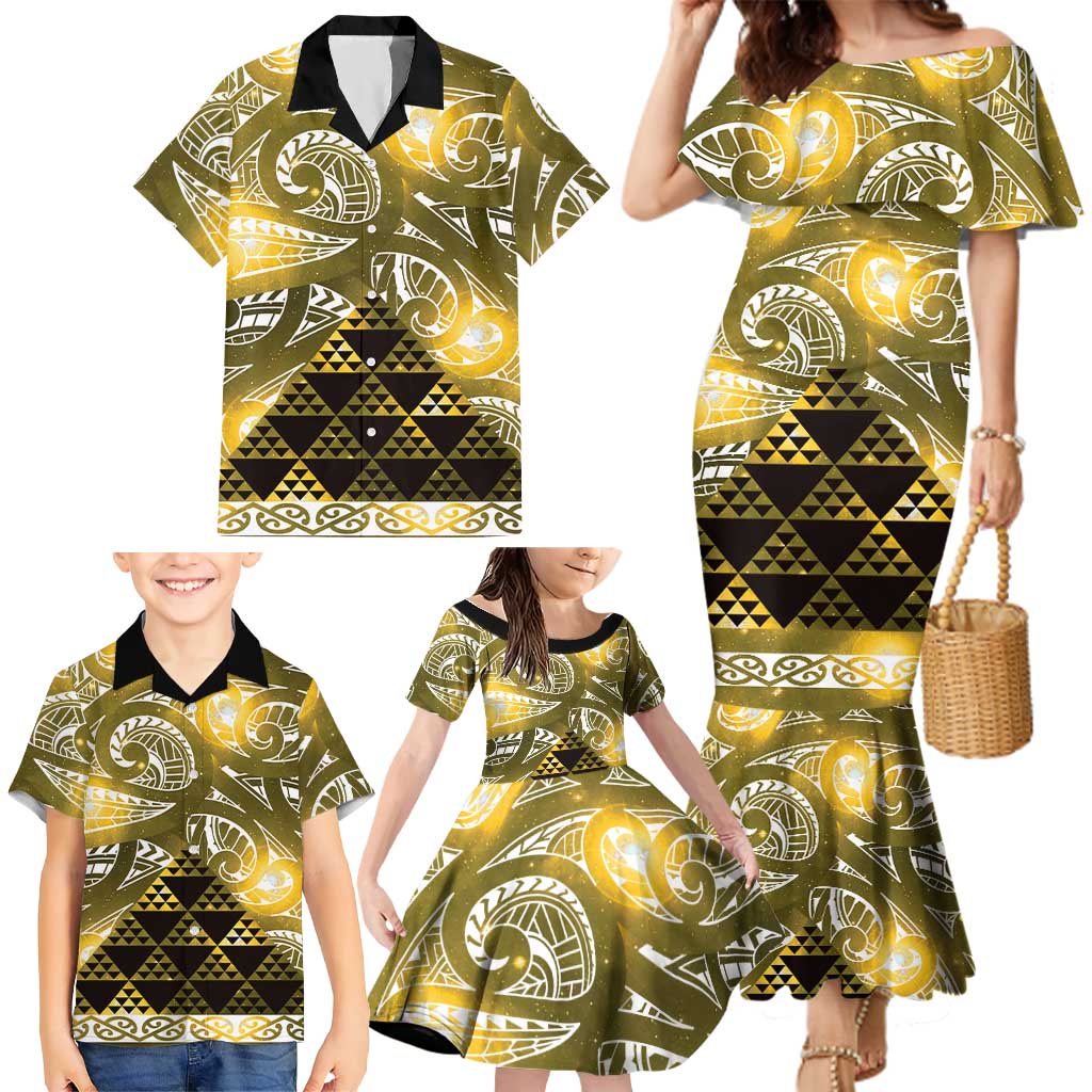 Matariki New Zealand Family Matching Mermaid Dress and Hawaiian Shirt NZ Niho Taniwha Maori New Year Yellow Galaxy