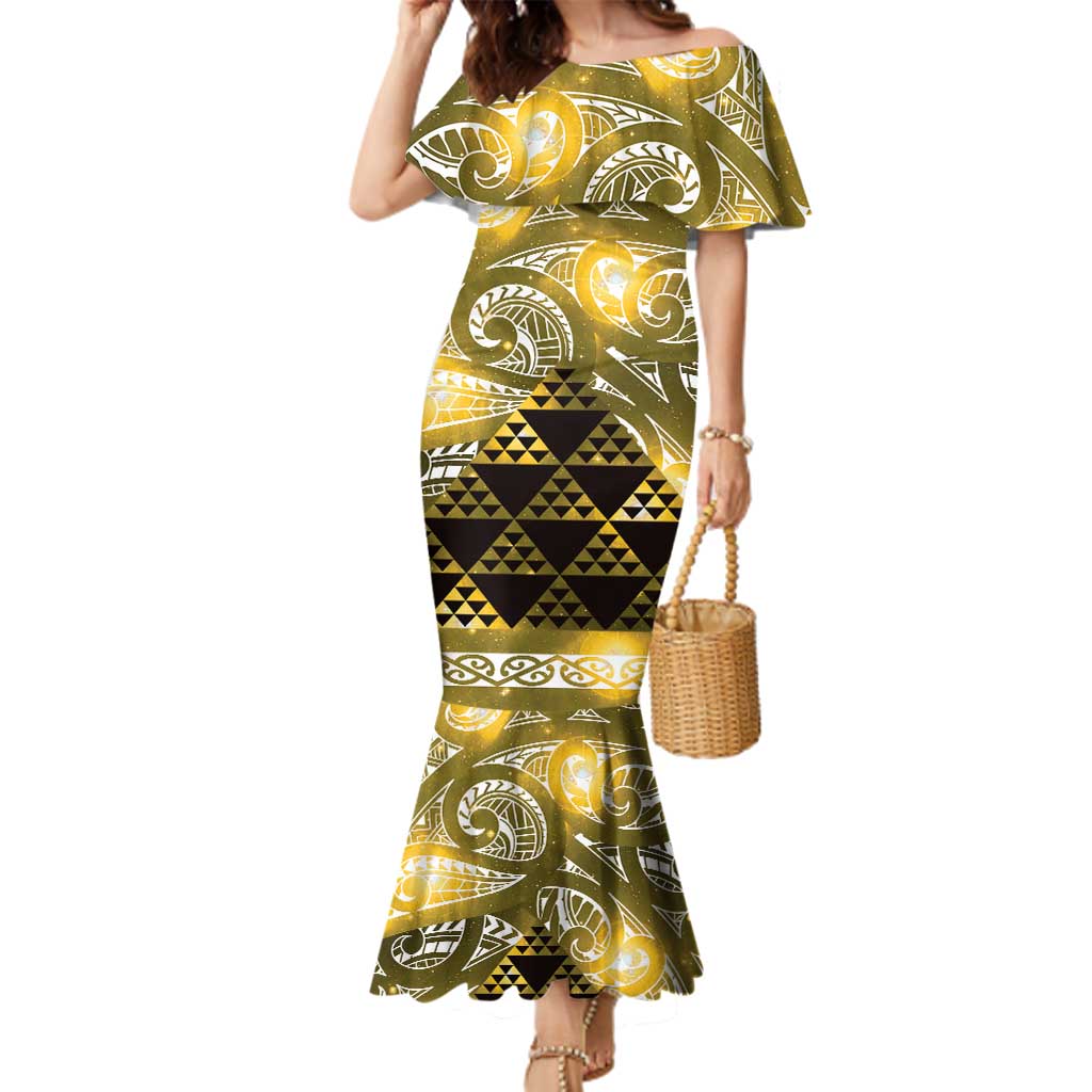Matariki New Zealand Family Matching Mermaid Dress and Hawaiian Shirt NZ Niho Taniwha Maori New Year Yellow Galaxy
