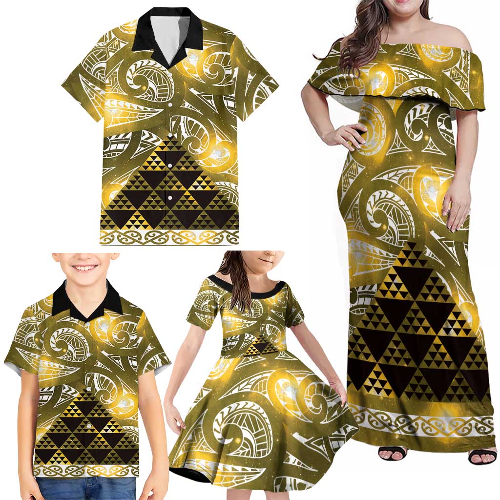 Matariki New Zealand Family Matching Off Shoulder Maxi Dress and Hawaiian Shirt NZ Niho Taniwha Maori New Year Yellow Galaxy LT14 - Polynesian Pride