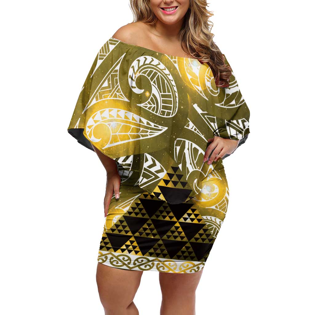 Matariki New Zealand Off Shoulder Short Dress NZ Niho Taniwha Maori New Year Yellow Galaxy LT14 Women Yellow - Polynesian Pride