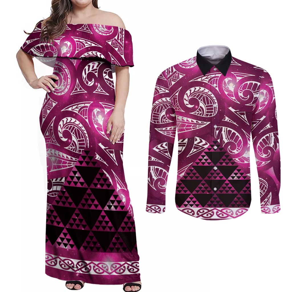 Matariki New Zealand Couples Matching Off Shoulder Maxi Dress and Long Sleeve Button Shirt NZ Niho Taniwha Maori New Year Pink Galaxy