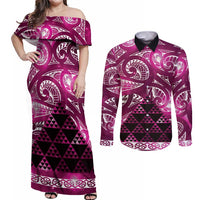 Matariki New Zealand Couples Matching Off Shoulder Maxi Dress and Long Sleeve Button Shirt NZ Niho Taniwha Maori New Year Pink Galaxy