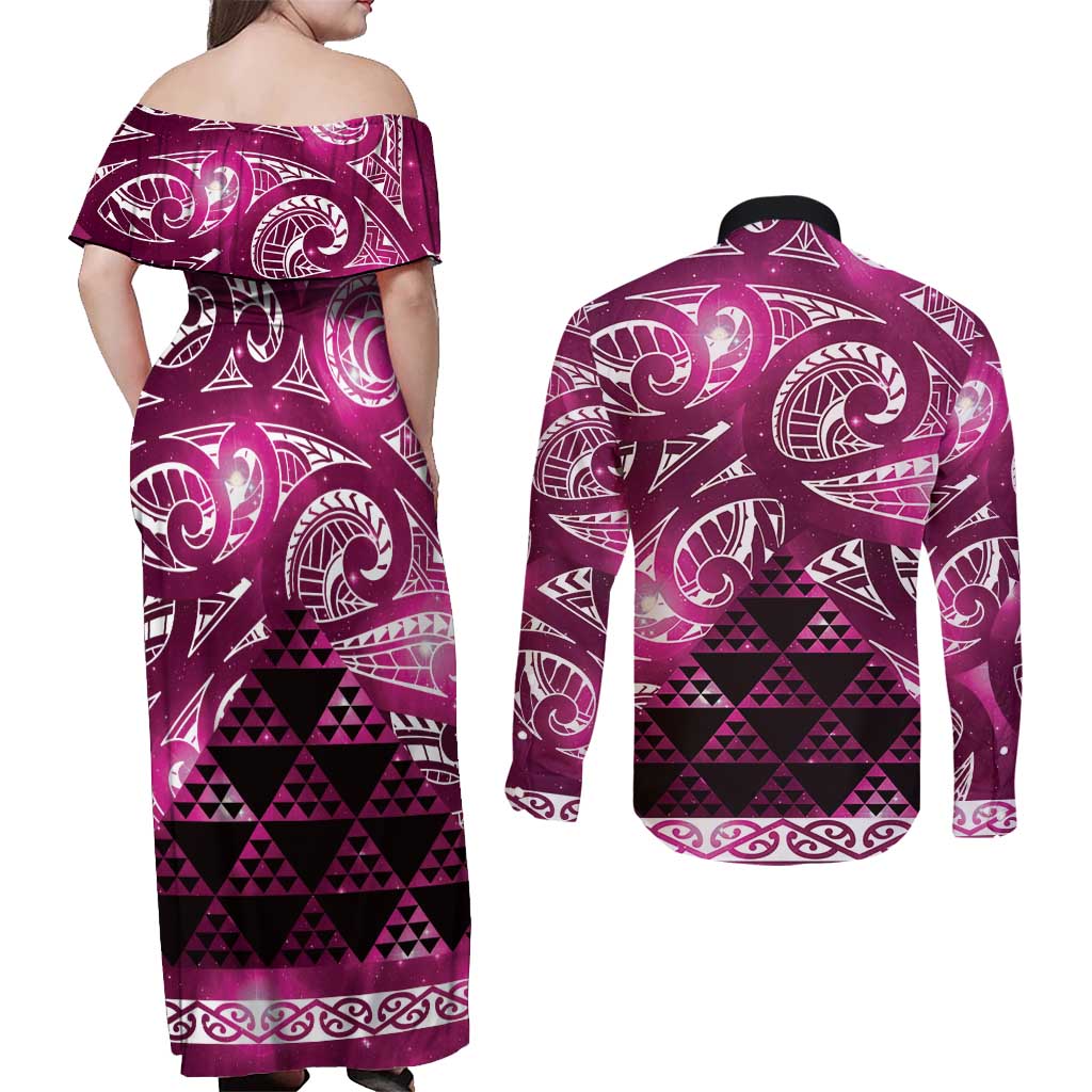 Matariki New Zealand Couples Matching Off Shoulder Maxi Dress and Long Sleeve Button Shirt NZ Niho Taniwha Maori New Year Pink Galaxy