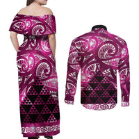 Matariki New Zealand Couples Matching Off Shoulder Maxi Dress and Long Sleeve Button Shirt NZ Niho Taniwha Maori New Year Pink Galaxy