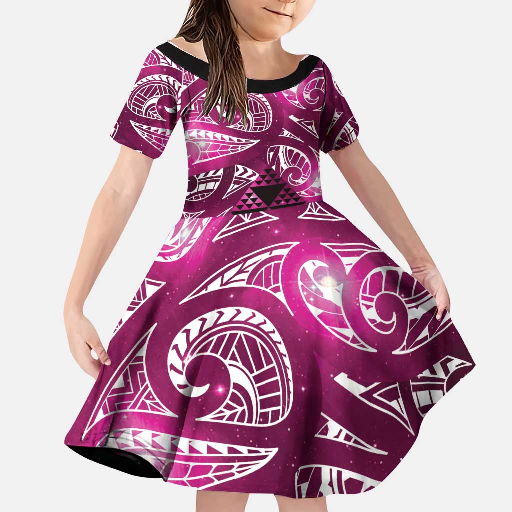 Matariki New Zealand Family Matching Long Sleeve Bodycon Dress and Hawaiian Shirt NZ Niho Taniwha Maori New Year Pink Galaxy
