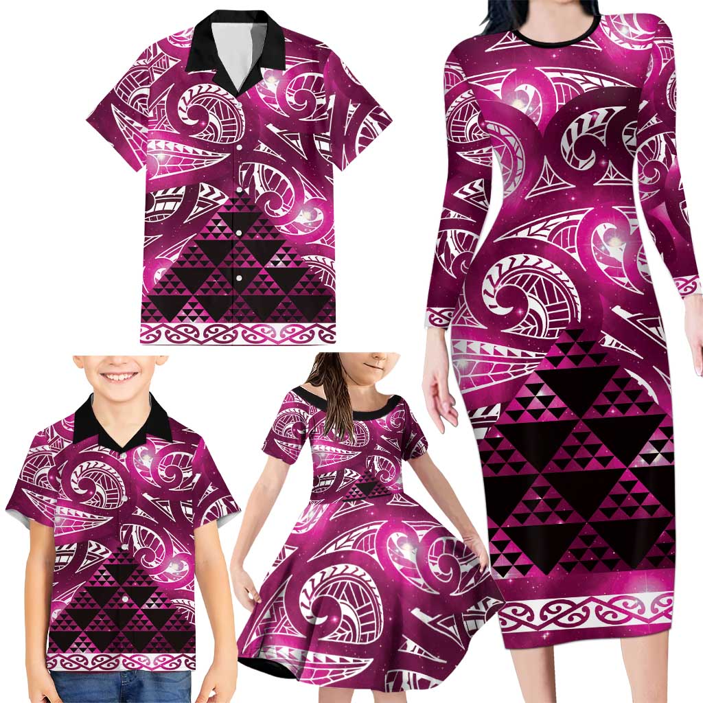 Matariki New Zealand Family Matching Long Sleeve Bodycon Dress and Hawaiian Shirt NZ Niho Taniwha Maori New Year Pink Galaxy