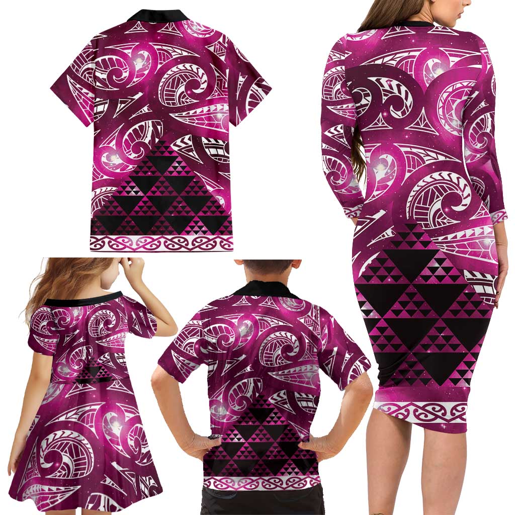 Matariki New Zealand Family Matching Long Sleeve Bodycon Dress and Hawaiian Shirt NZ Niho Taniwha Maori New Year Pink Galaxy