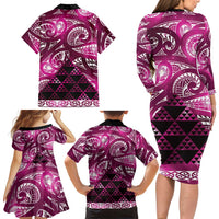 Matariki New Zealand Family Matching Long Sleeve Bodycon Dress and Hawaiian Shirt NZ Niho Taniwha Maori New Year Pink Galaxy