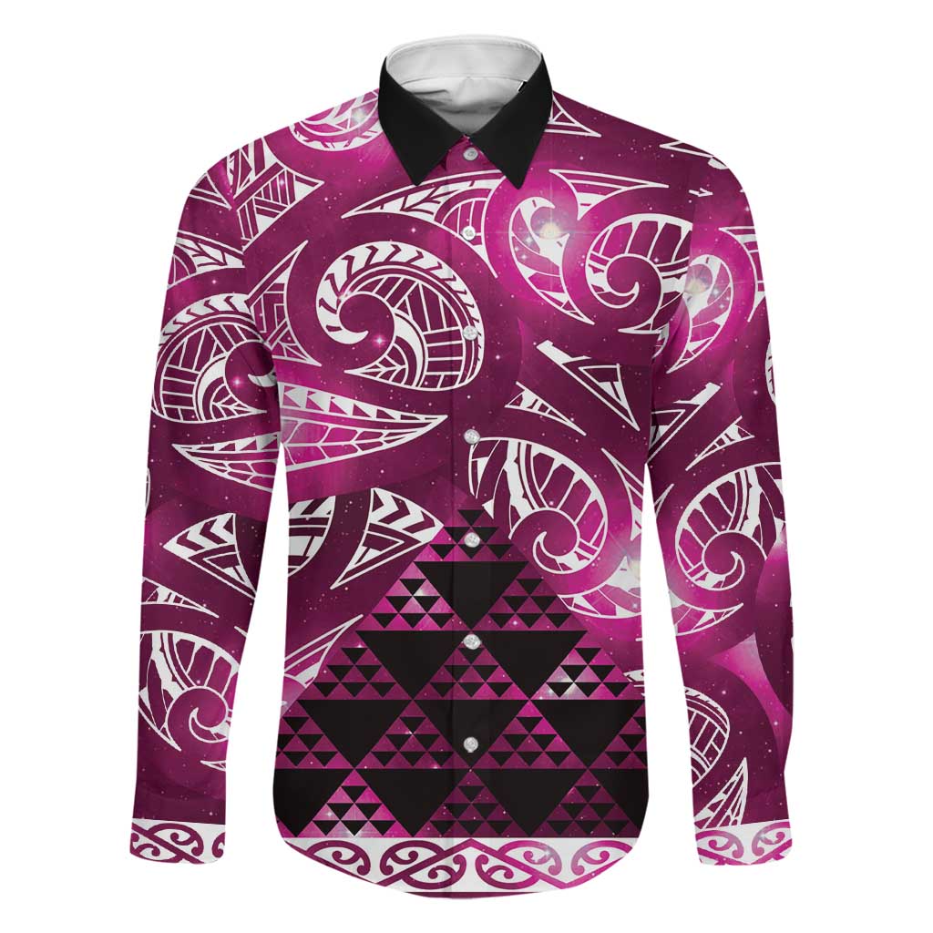 Matariki New Zealand Family Matching Long Sleeve Bodycon Dress and Hawaiian Shirt NZ Niho Taniwha Maori New Year Pink Galaxy